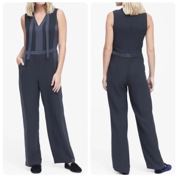 Banana Republic Black Tux Shine Mix Jumpsuit 2 Tank Tie Neck - Picture 3 of 13